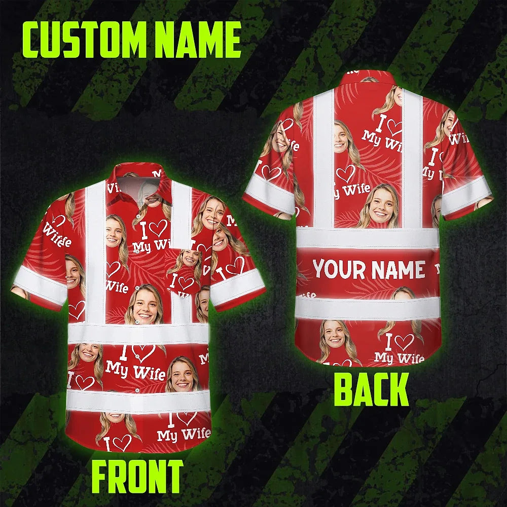 Hi Vis Hawaiian Shirt Reflective Tapes Red Custom Name And Image Safety Workwear For Workers, Truckers, Operators