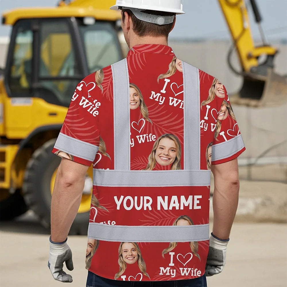 Hi Vis Hawaiian Shirt Reflective Tapes Red Custom Name And Image Safety Workwear For Workers, Truckers, Operators