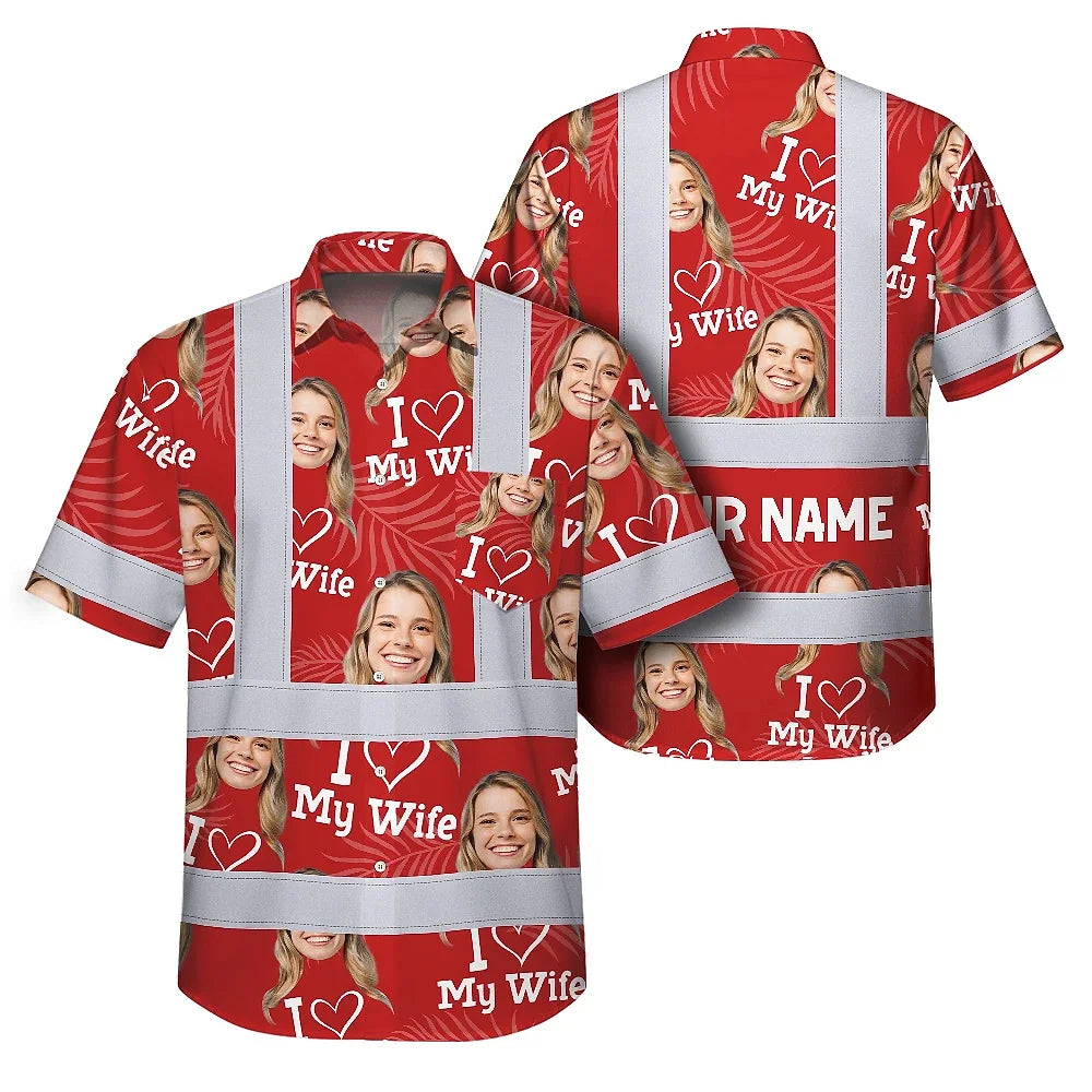 Hi Vis Hawaiian Shirt Reflective Tapes Red Custom Name And Image Safety Workwear For Workers, Truckers, Operators