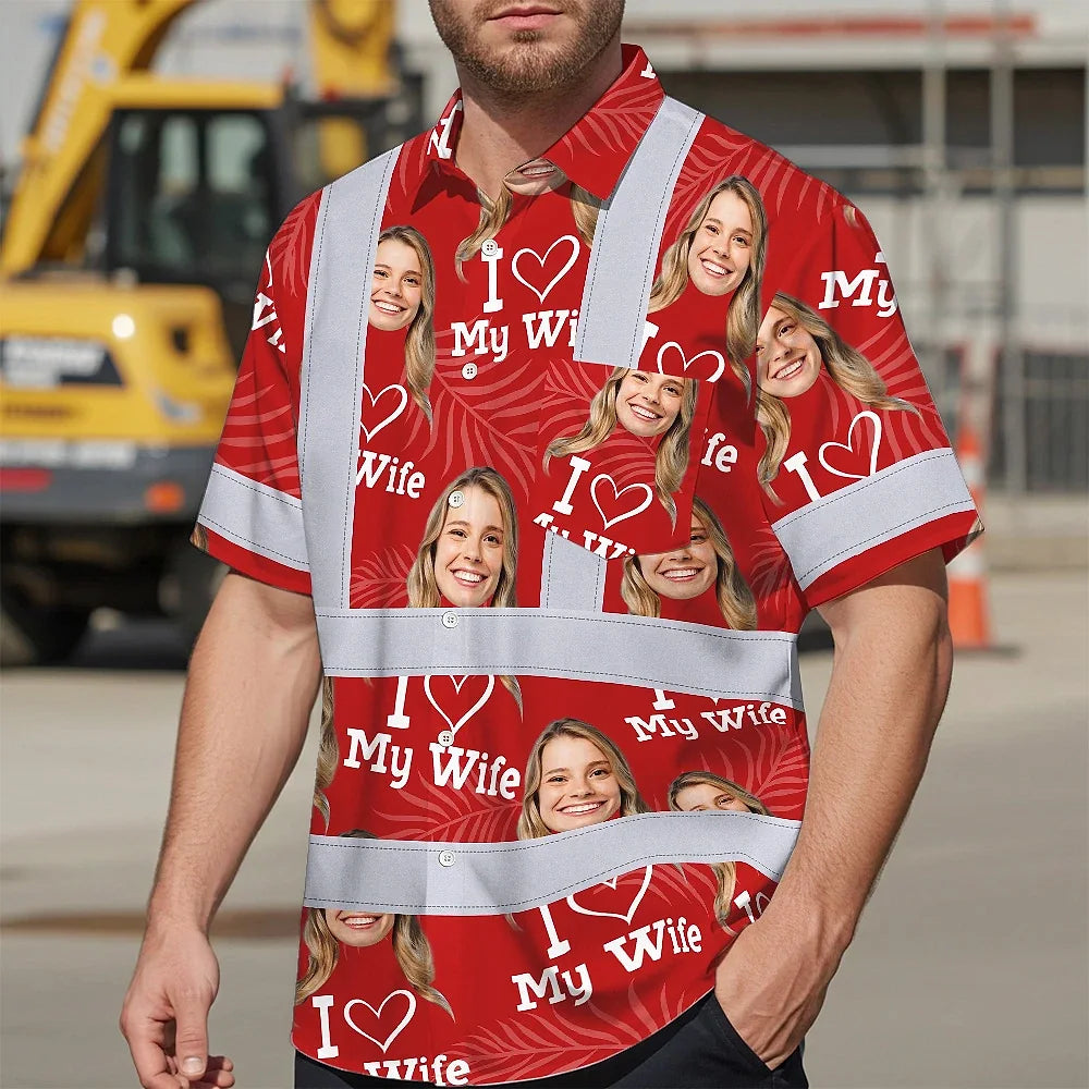 Hi Vis Hawaiian Shirt Reflective Tapes Red Custom Name And Image Safety Workwear For Workers, Truckers, Operators