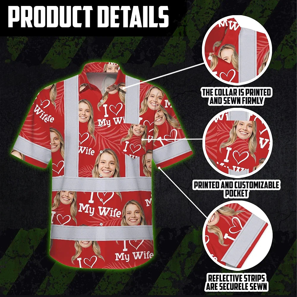 Hi Vis Hawaiian Shirt Reflective Tapes Red Custom Name And Image Safety Workwear For Workers, Truckers, Operators