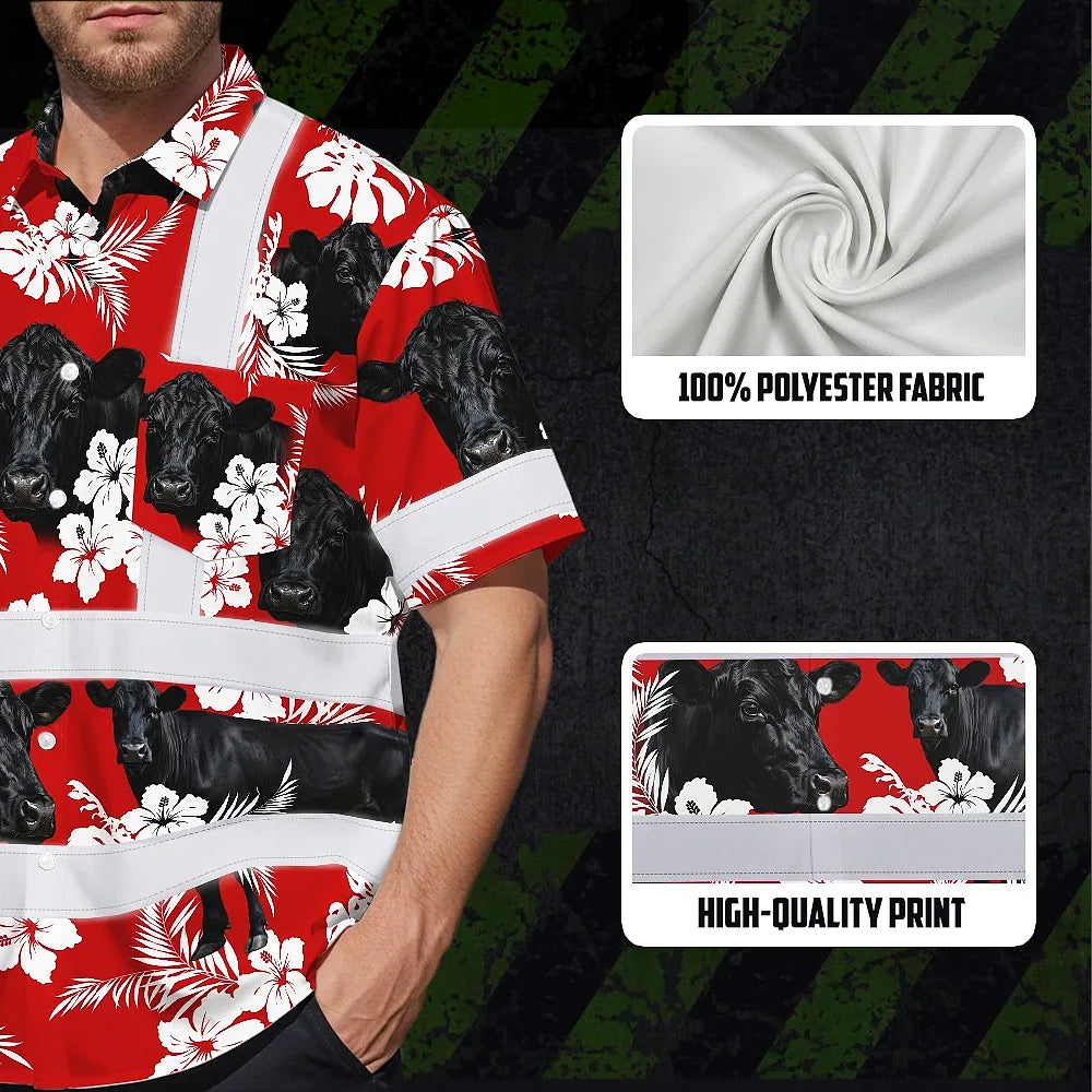 Hi Vis Hawaiian Shirt Reflective Tapes Red Flower Black Cow Custom Name Safety Workwear For Workers, Truckers, Operators, Company