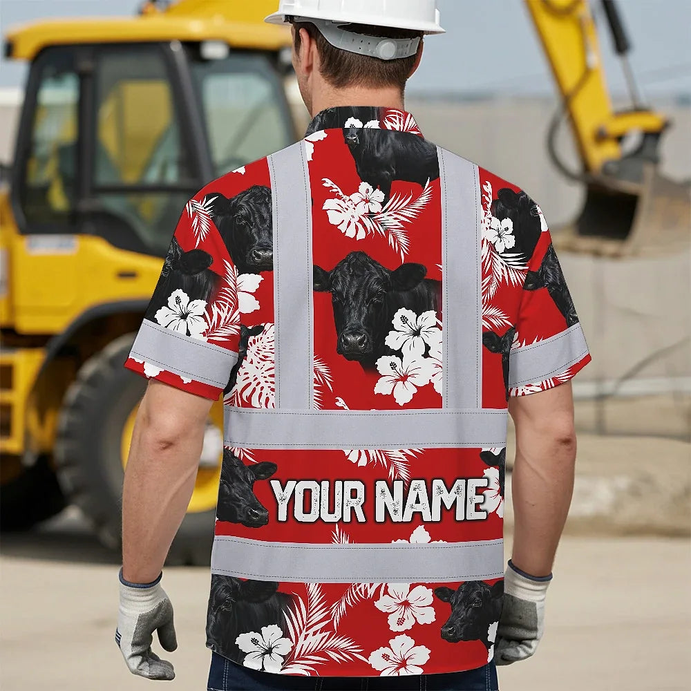 Hi Vis Hawaiian Shirt Reflective Tapes Red Flower Black Cow Custom Name Safety Workwear For Workers, Truckers, Operators, Company