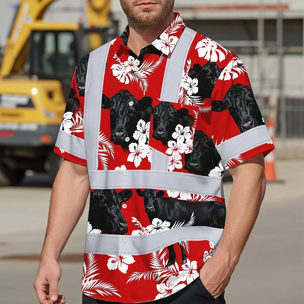 Hi Vis Hawaiian Shirt Reflective Tapes Red Flower Black Cow Custom Name Safety Workwear For Workers, Truckers, Operators, Company