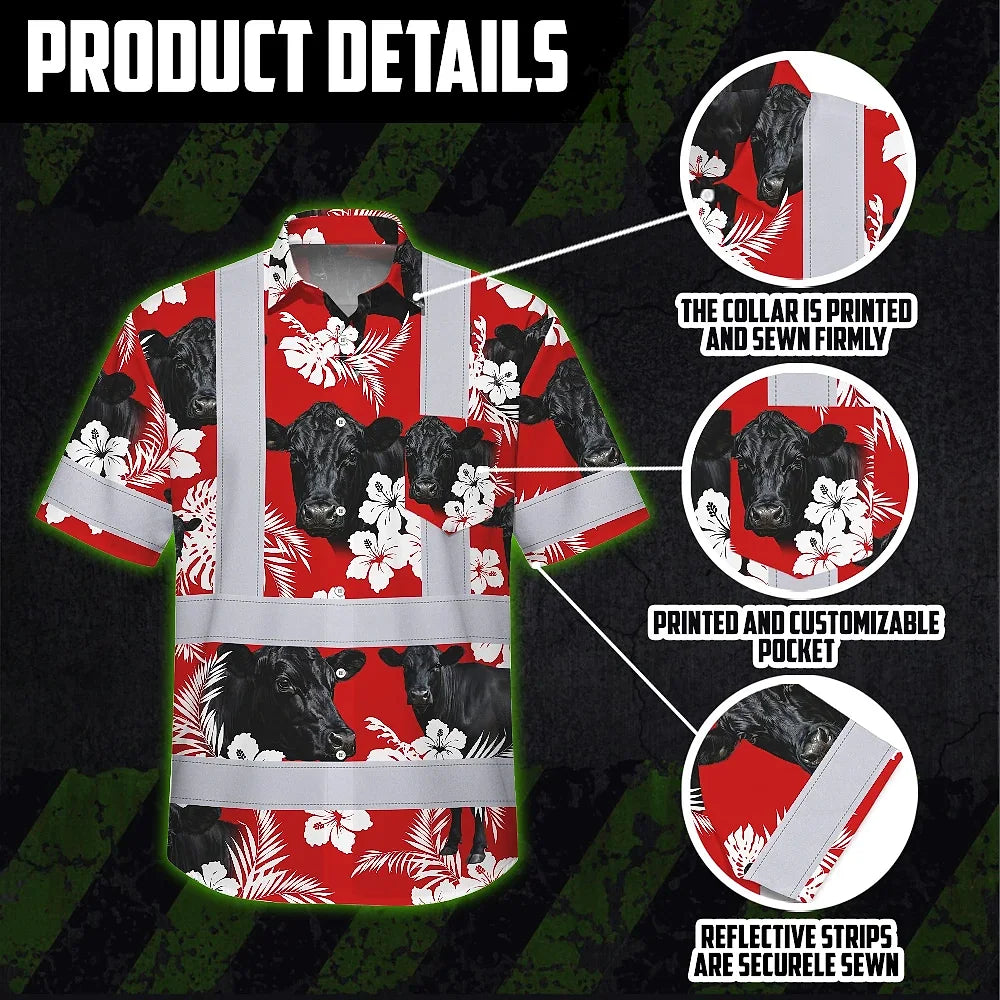 Hi Vis Hawaiian Shirt Reflective Tapes Red Flower Black Cow Custom Name Safety Workwear For Workers, Truckers, Operators, Company