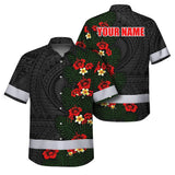 Hi Vis Hawaiian Shirt Reflective Tapes Red Hibiscus and Plumeria Polynesian Tribal Custom Name Safety Workwear For Workers, Truckers, Operators
