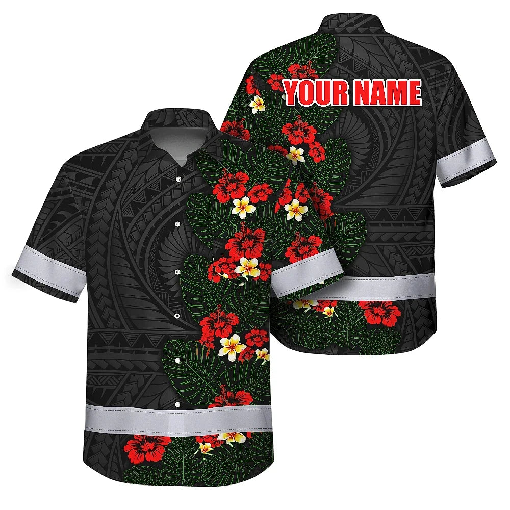 Hi Vis Hawaiian Shirt Reflective Tapes Red Hibiscus and Plumeria Polynesian Tribal Custom Name Safety Workwear For Workers, Truckers, Operators