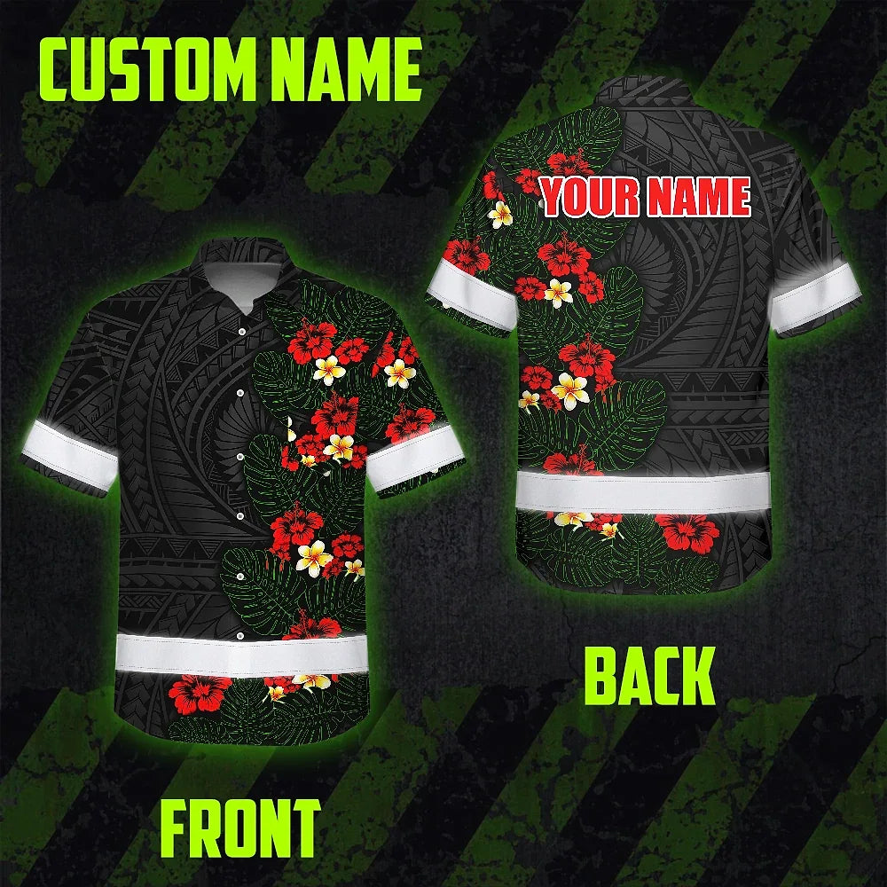 Hi Vis Hawaiian Shirt Reflective Tapes Red Hibiscus and Plumeria Polynesian Tribal Custom Name Safety Workwear For Workers, Truckers, Operators
