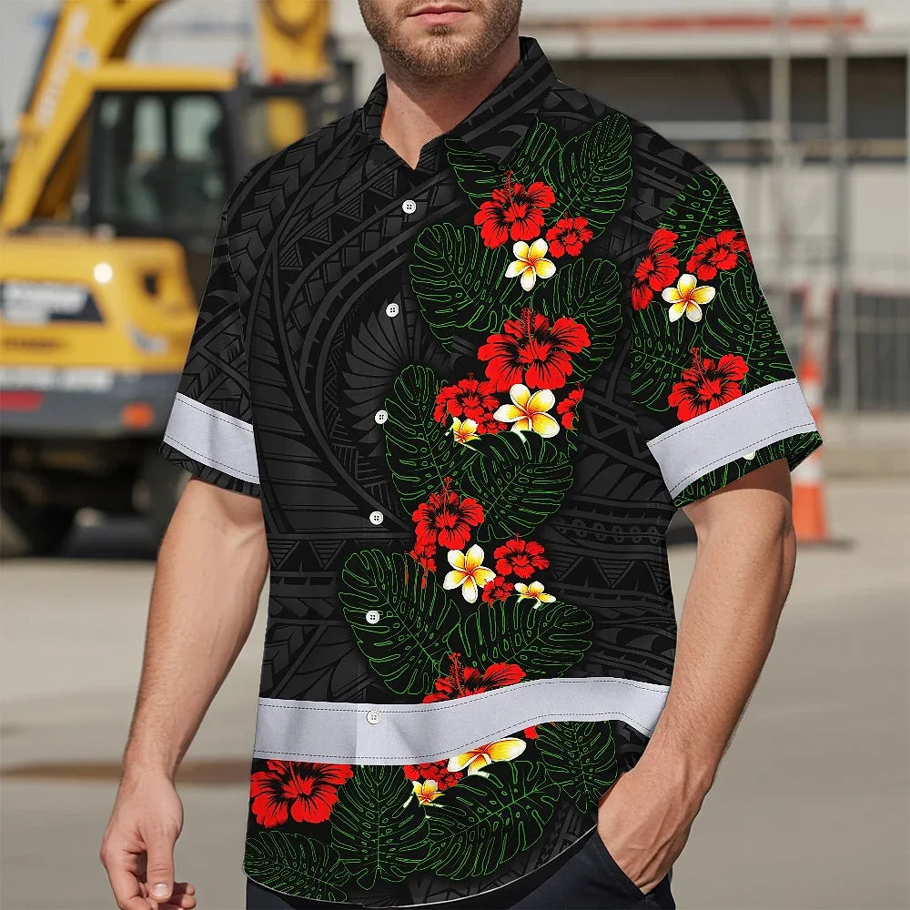 Hi Vis Hawaiian Shirt Reflective Tapes Red Hibiscus and Plumeria Polynesian Tribal Custom Name Safety Workwear For Workers, Truckers, Operators