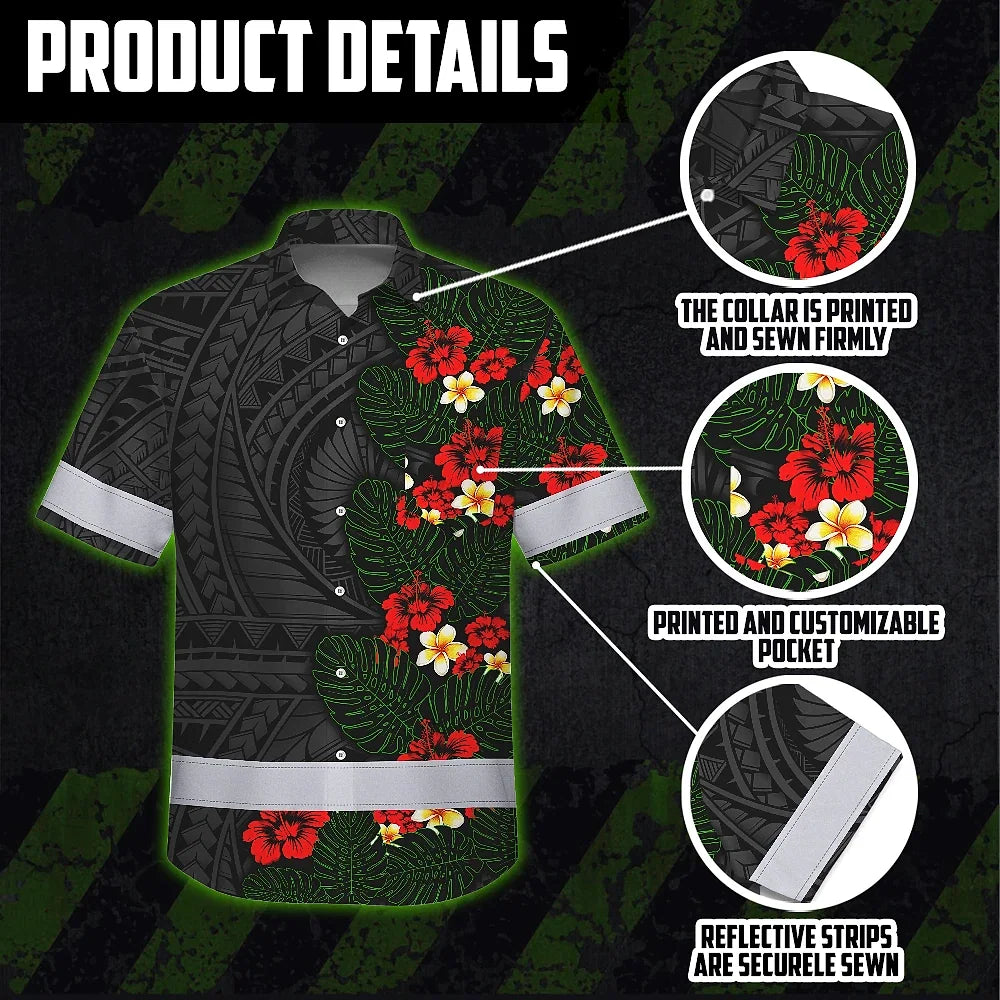 Hi Vis Hawaiian Shirt Reflective Tapes Red Hibiscus and Plumeria Polynesian Tribal Custom Name Safety Workwear For Workers, Truckers, Operators