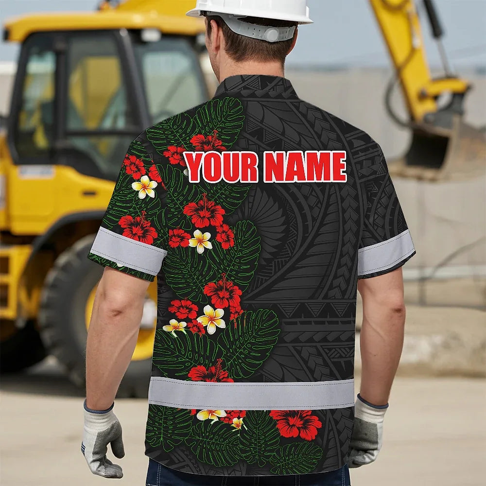 Hi Vis Hawaiian Shirt Reflective Tapes Red Hibiscus and Plumeria Polynesian Tribal Custom Name Safety Workwear For Workers, Truckers, Operators