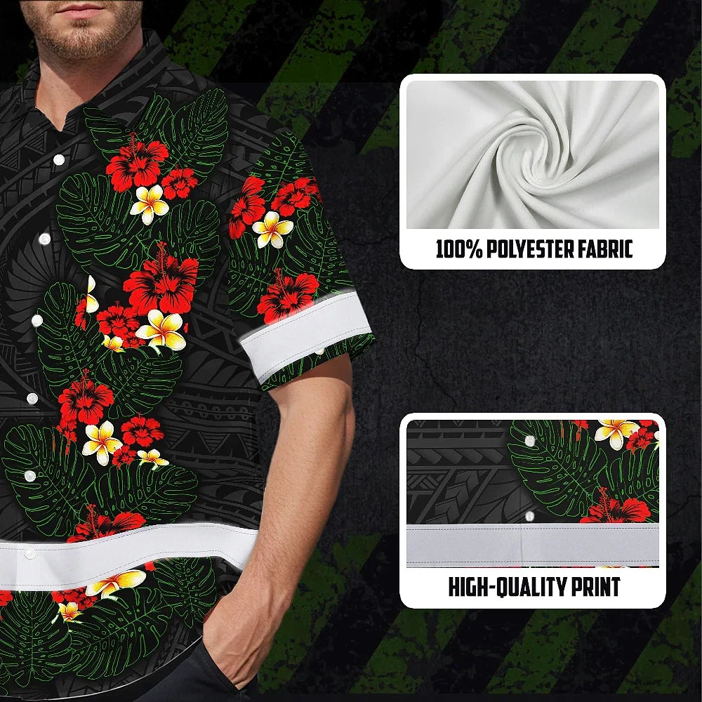 Hi Vis Hawaiian Shirt Reflective Tapes Red Hibiscus and Plumeria Polynesian Tribal Custom Name Safety Workwear For Workers, Truckers, Operators