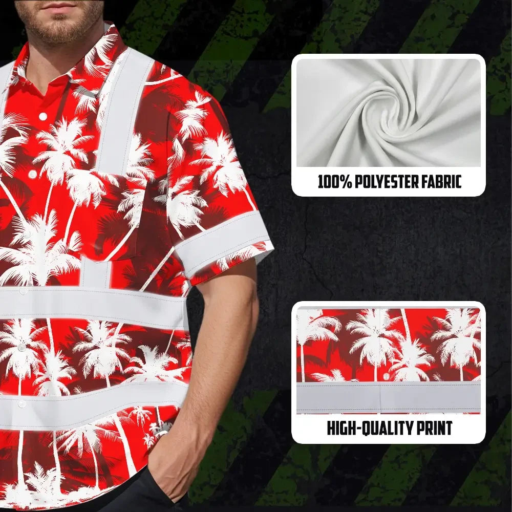 Choose Pack Hi Vis Hawaiian Shirt Reflective Tapes Red Neon Flowers Custom Name Safety Workwear For Workers, Truckers, Operators
