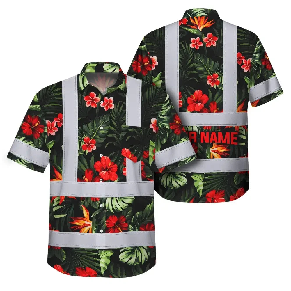 Choose Pack Hi Vis Hawaiian Shirt Reflective Tapes Red Neon Flowers Custom Name Safety Workwear For Workers, Truckers, Operators