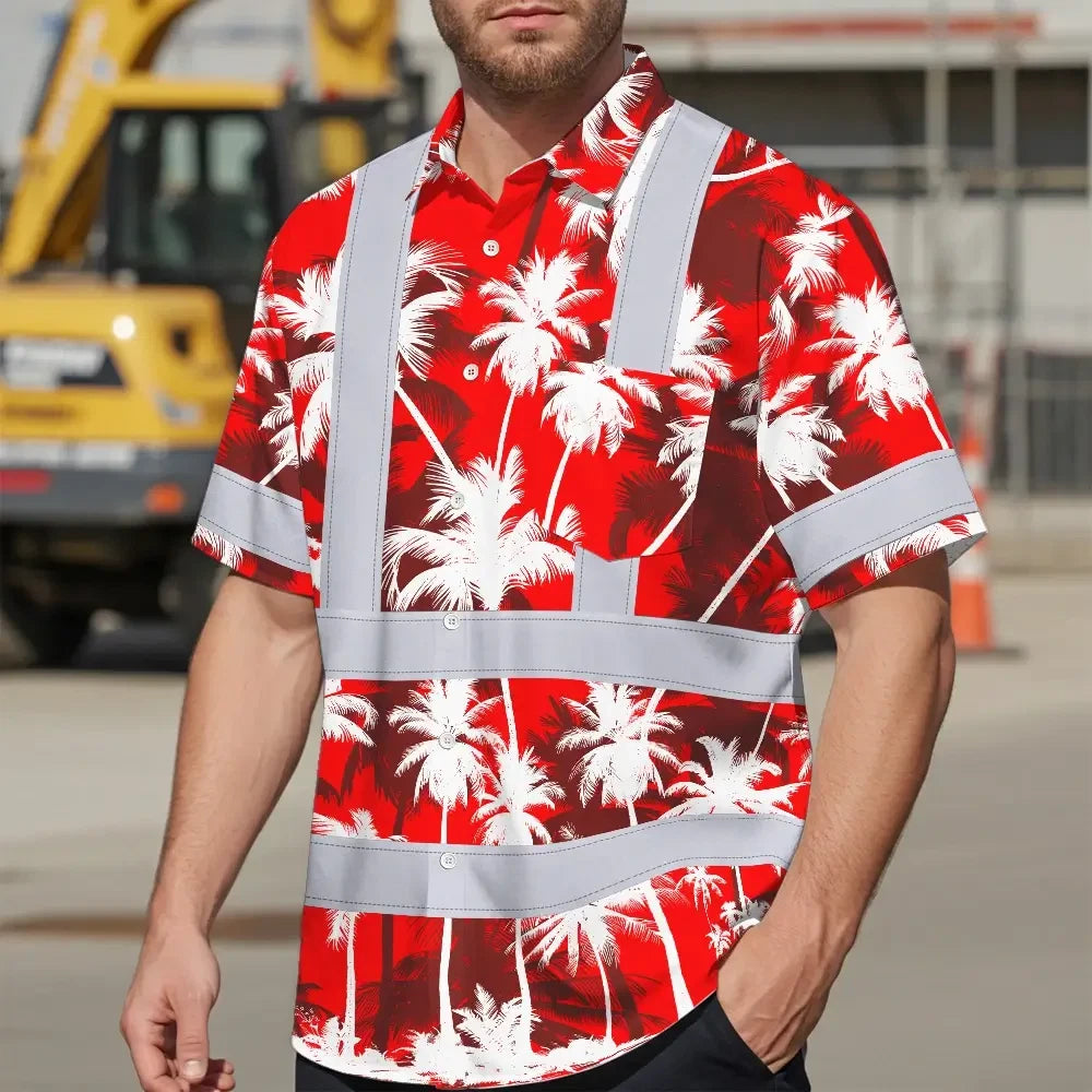 Choose Pack Hi Vis Hawaiian Shirt Reflective Tapes Red Neon Flowers Custom Name Safety Workwear For Workers, Truckers, Operators