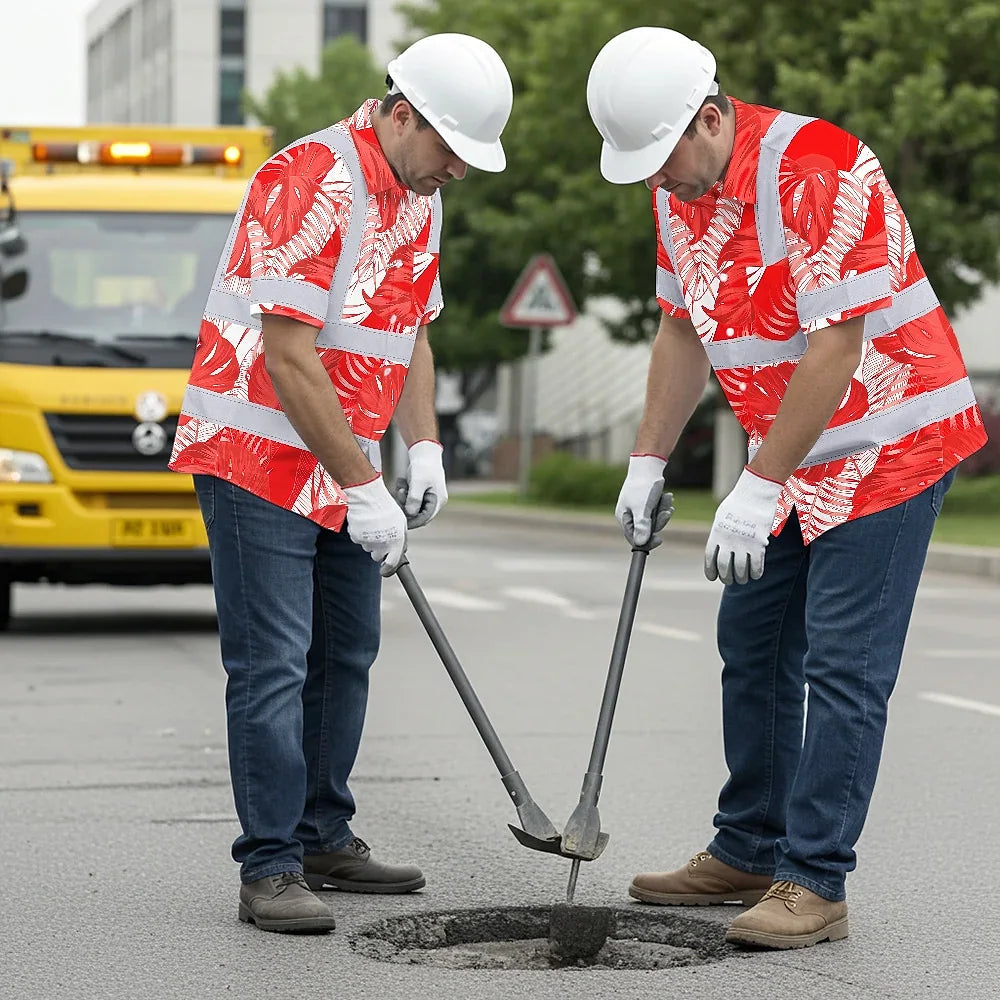 Hi Vis Hawaiian Shirt Reflective Tapes Red Neon Flowers Custom Name Safety Workwear For Workers, Truckers, Operators