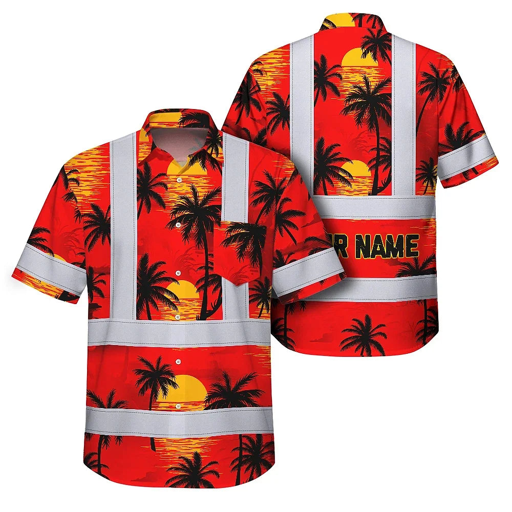 Hi Vis Hawaiian Shirt Reflective Tapes Red Neon Flowers Custom Name Safety Workwear For Truckers, Operators