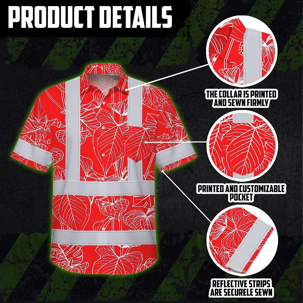 Hi Vis Hawaiian Shirt Reflective Tapes Red Neon Flowers Custom Name Safety Workwear For Workers, Truckers, Operators