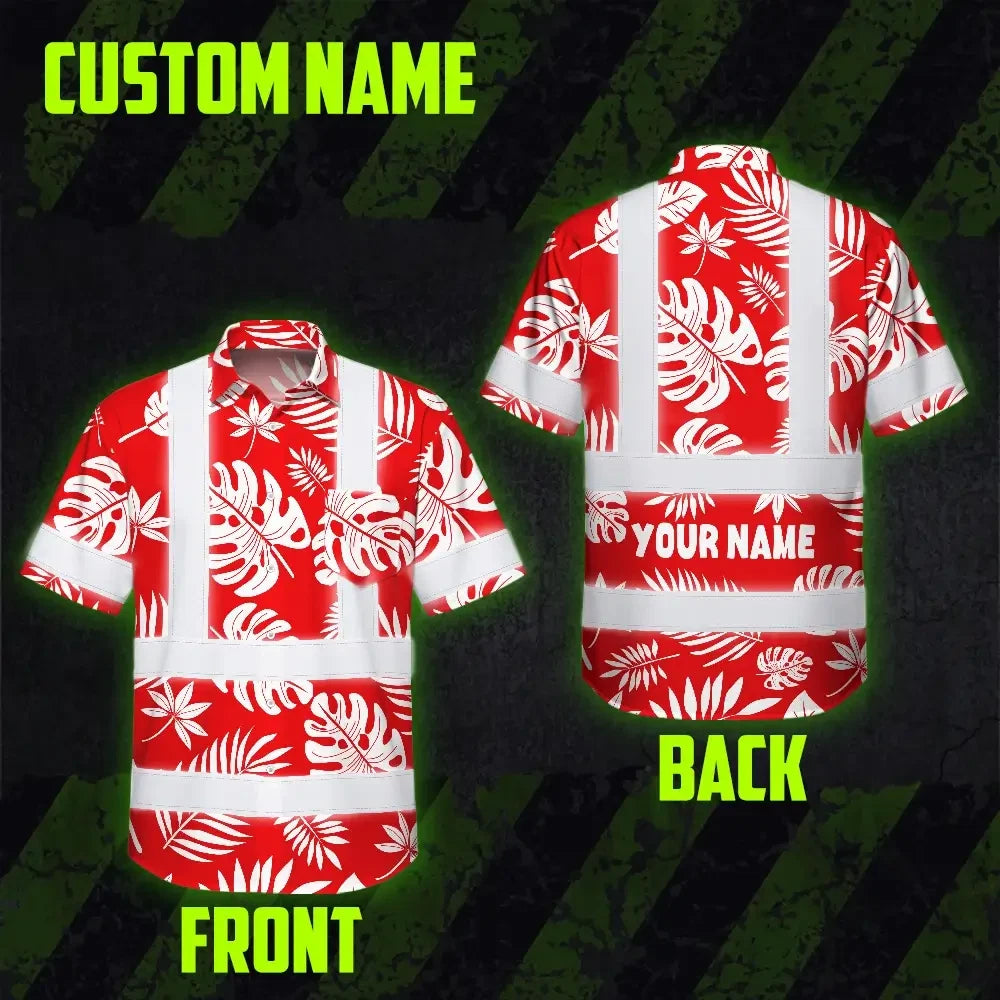 Hi Vis Hawaiian Shirt Reflective Tapes Red Neon Flowers Custom Name