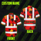 Hi Vis Hawaiian Shirt Reflective Tapes Red Neon Flowers Custom Name Safety Workwear For Truckers, Operators