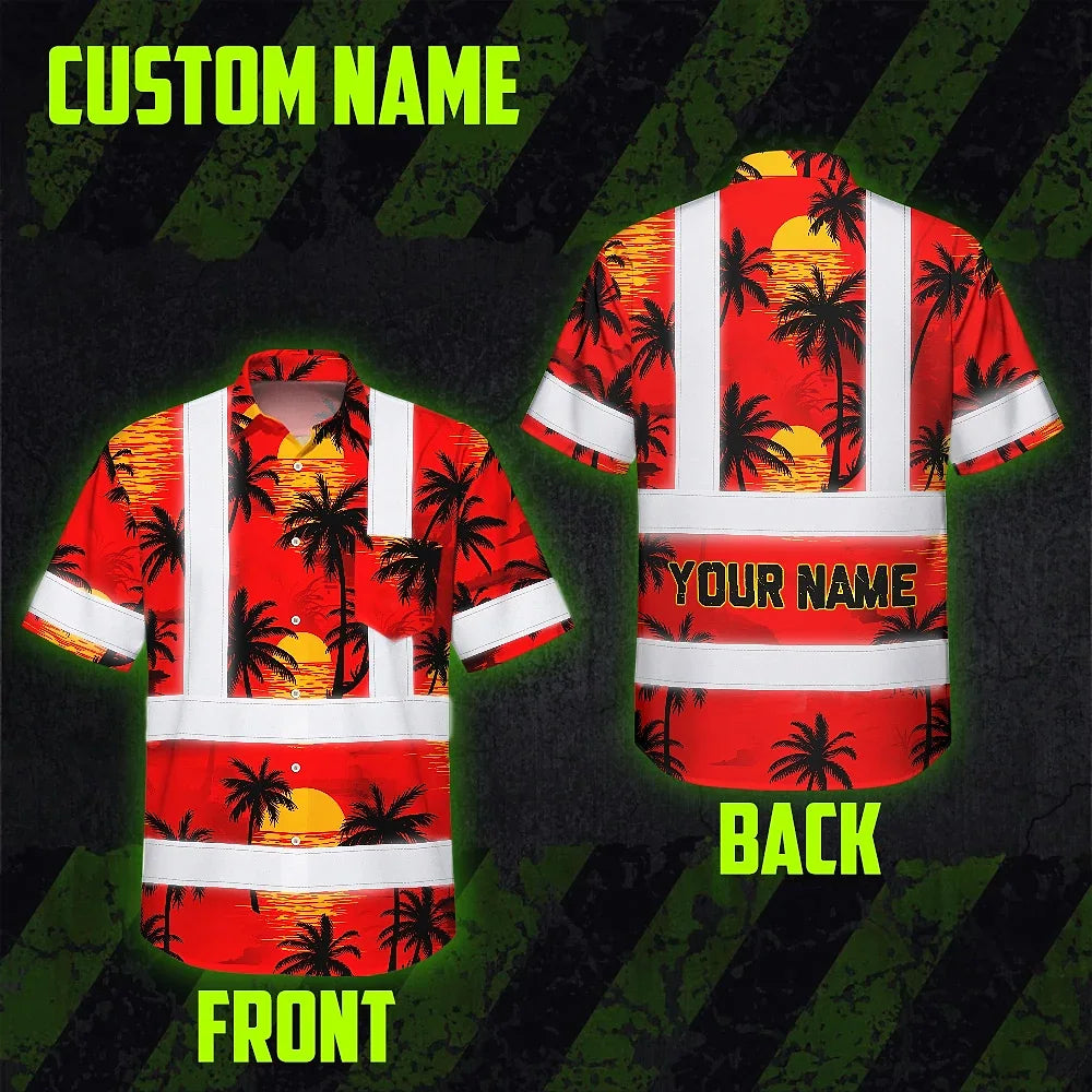 Hi Vis Hawaiian Shirt Reflective Tapes Red Neon Flowers Custom Name Safety Workwear For Truckers, Operators