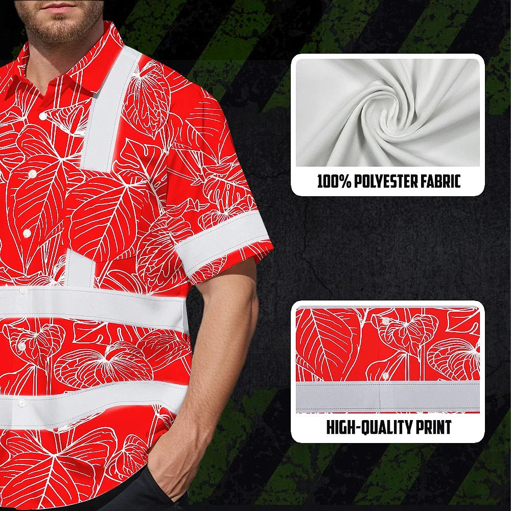 Hi Vis Hawaiian Shirt Reflective Tapes Red Neon Flowers Custom Name Safety Workwear For Workers, Truckers, Operators