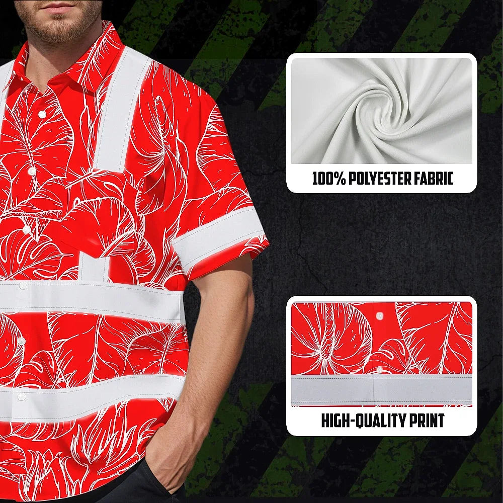 Hi Vis Hawaiian Shirt Reflective Tapes Red Neon Flowers Custom Name Safety Workwear For Workers, Truckers, Operators