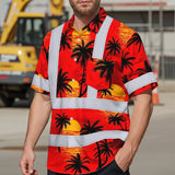 Hi Vis Hawaiian Shirt Reflective Tapes Red Neon Flowers Custom Name Safety Workwear For Truckers, Operators