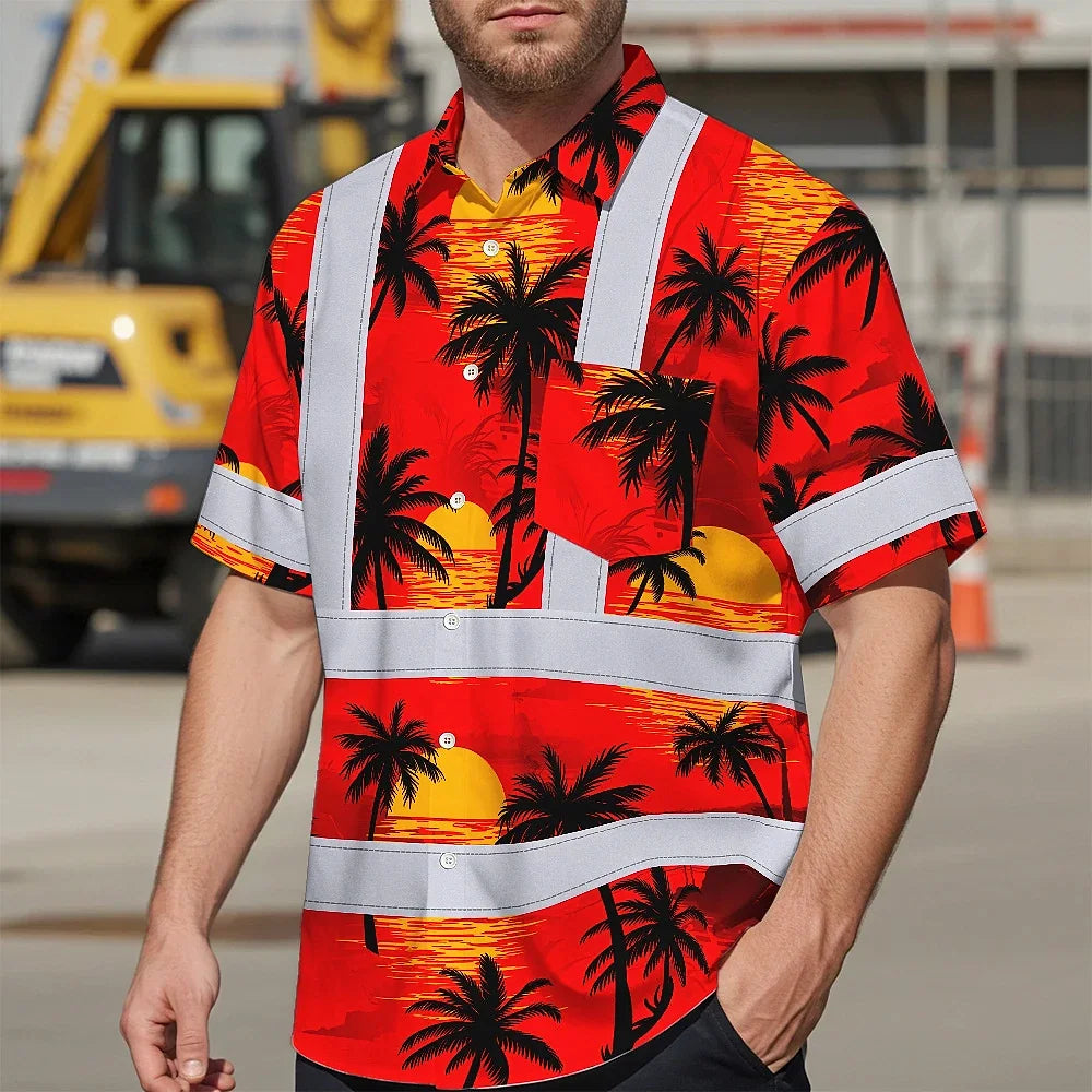 Hi Vis Hawaiian Shirt Reflective Tapes Red Neon Flowers Custom Name Safety Workwear For Truckers, Operators