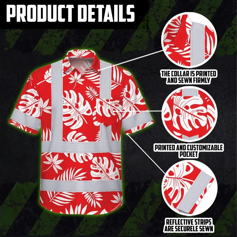 Hi Vis Hawaiian Shirt Reflective Tapes Red Neon Flowers Custom Name