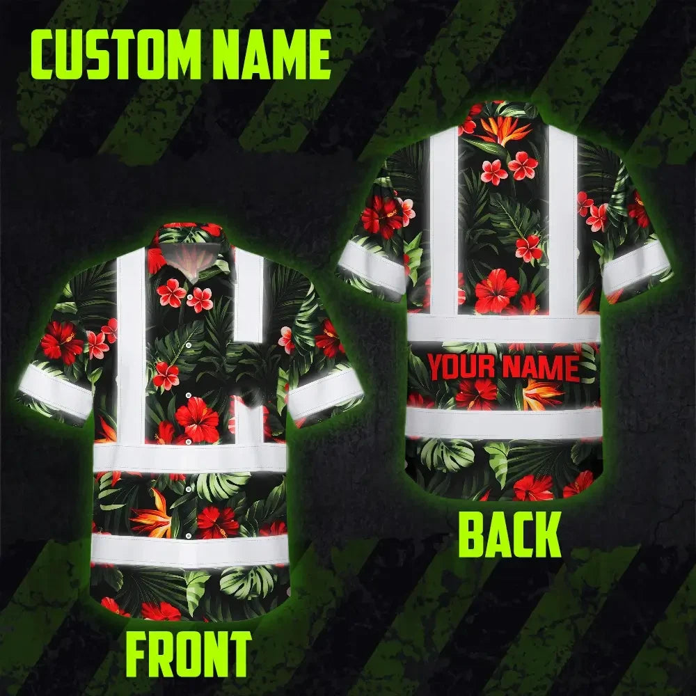 Choose Pack Hi Vis Hawaiian Shirt Reflective Tapes Red Neon Flowers Custom Name Safety Workwear For Workers, Truckers, Operators