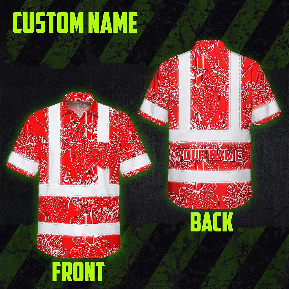 Hi Vis Hawaiian Shirt Reflective Tapes Red Neon Flowers Custom Name Safety Workwear For Workers, Truckers, Operators