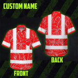 Hi Vis Hawaiian Shirt Reflective Tapes Red Neon Flowers Custom Name Safety Workwear For Workers, Truckers, Operators