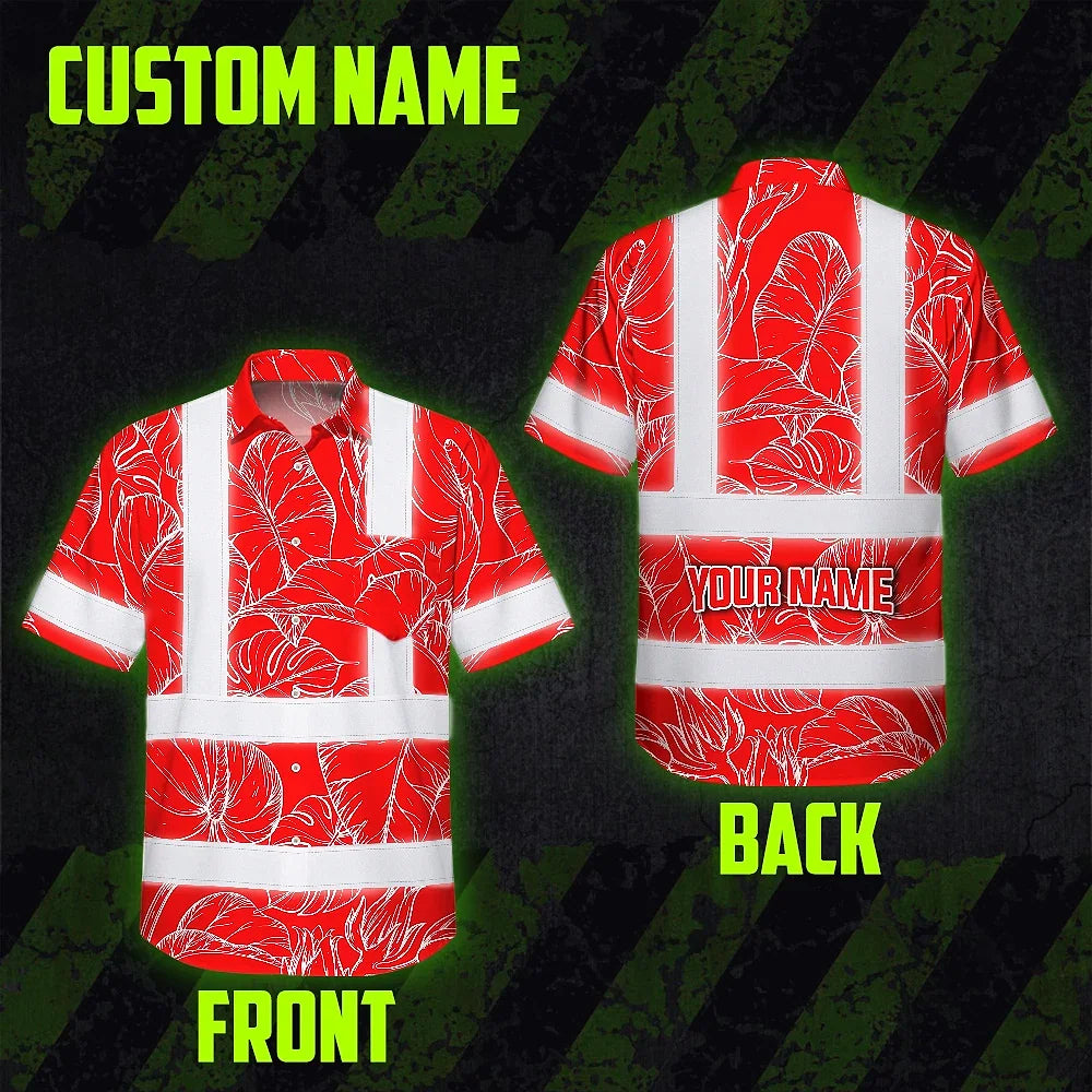 Hi Vis Hawaiian Shirt Reflective Tapes Red Neon Flowers Custom Name Safety Workwear For Workers, Truckers, Operators