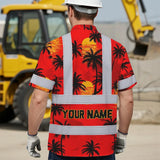 Hi Vis Hawaiian Shirt Reflective Tapes Red Neon Flowers Custom Name Safety Workwear For Truckers, Operators
