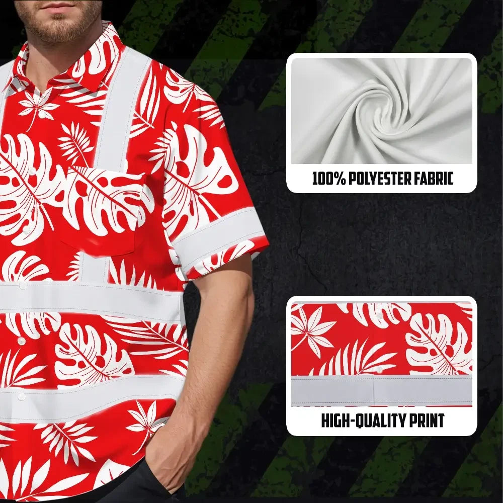 Hi Vis Hawaiian Shirt Reflective Tapes Red Neon Flowers Custom Name