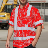 Hi Vis Hawaiian Shirt Reflective Tapes Red Neon Flowers Custom Name Safety Workwear For Workers, Truckers, Operators