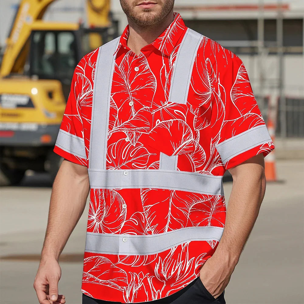 Hi Vis Hawaiian Shirt Reflective Tapes Red Neon Flowers Custom Name Safety Workwear For Workers, Truckers, Operators