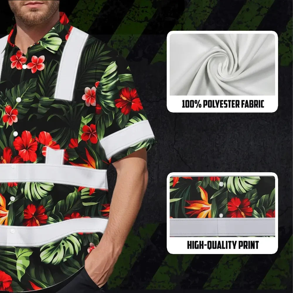 Choose Pack Hi Vis Hawaiian Shirt Reflective Tapes Red Neon Flowers Custom Name Safety Workwear For Workers, Truckers, Operators