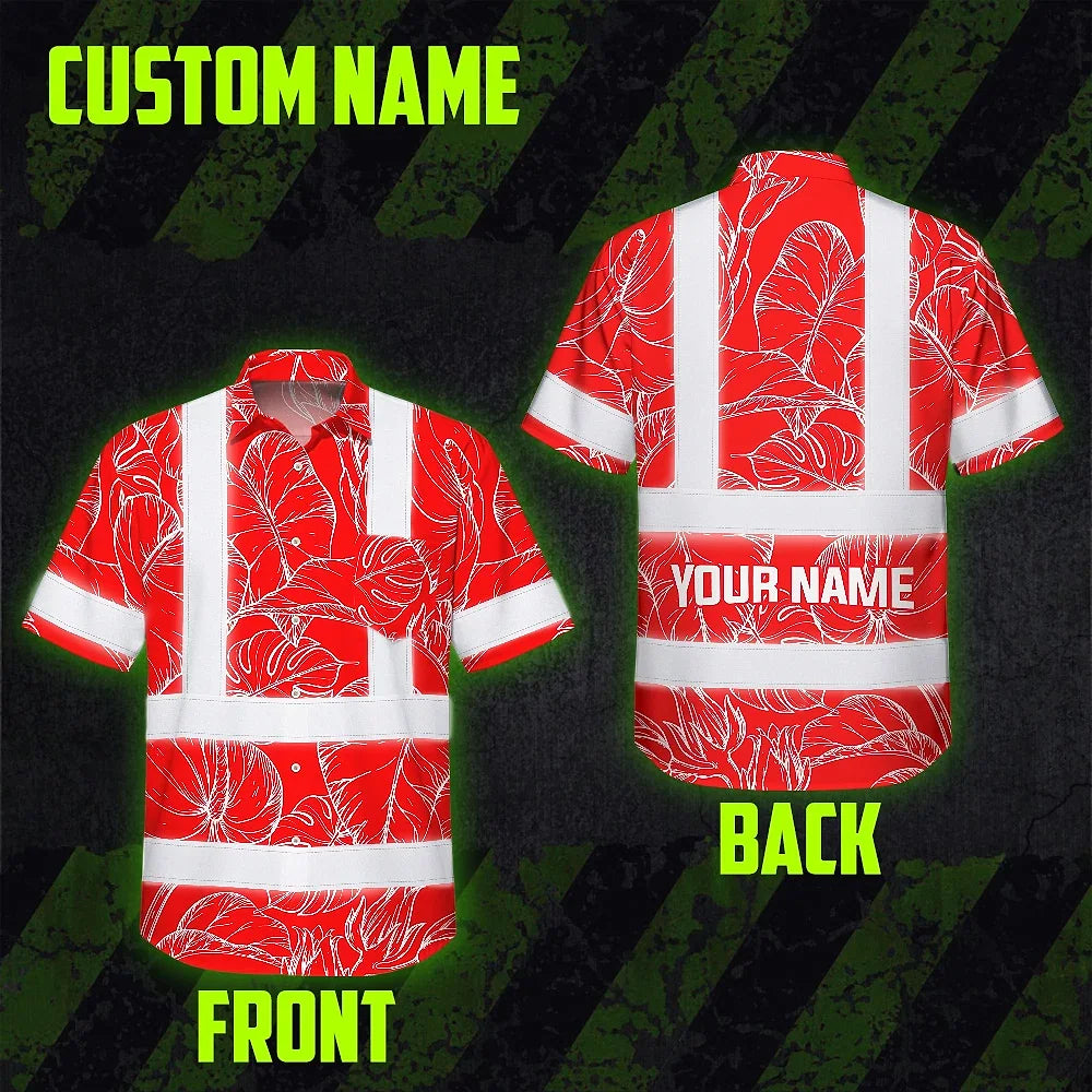 Hi Vis Hawaiian Shirt Reflective Tapes Red Neon Flowers Custom Name Safety Workwear For Workers, Truckers, Operators