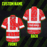 Hi Vis Hawaiian Shirt Reflective Tapes Red Neon Flowers Custom Name Safety Workwear For Workers, Truckers, Operators