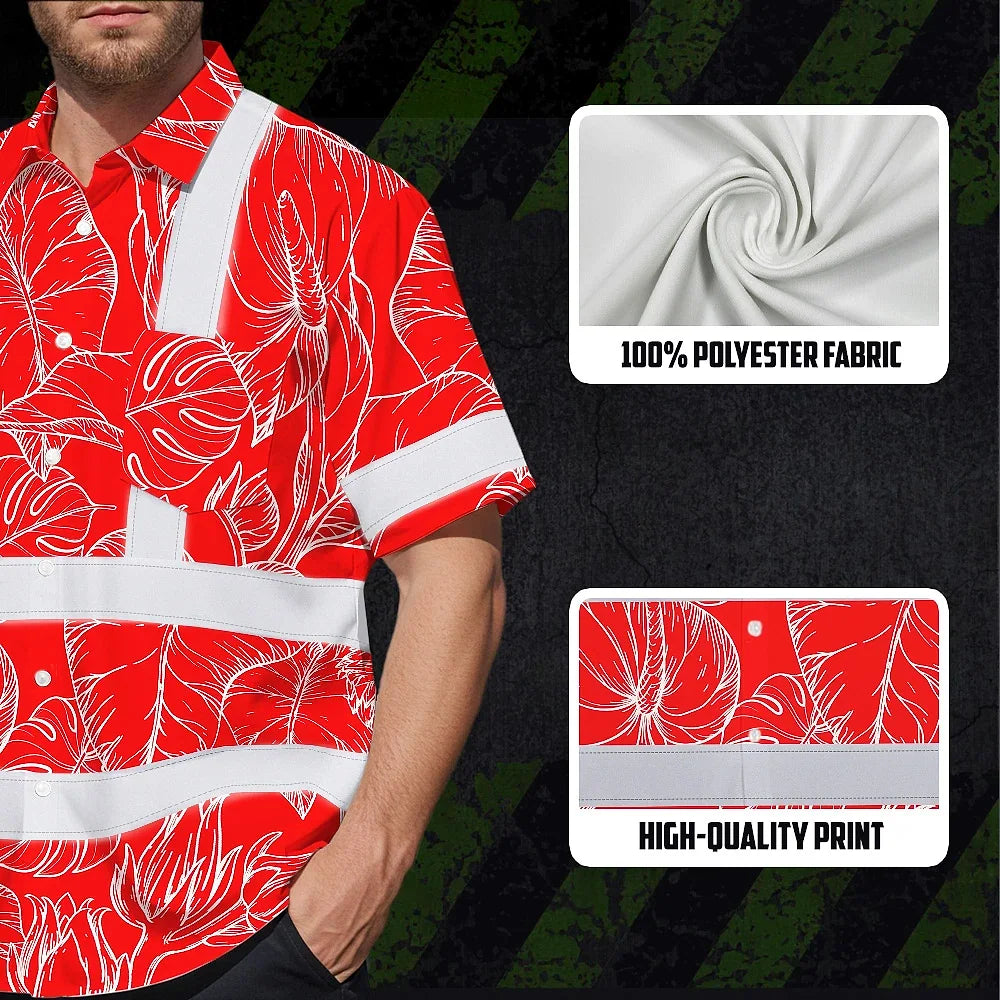 Hi Vis Hawaiian Shirt Reflective Tapes Red Neon Flowers Custom Name Safety Workwear For Workers, Truckers, Operators