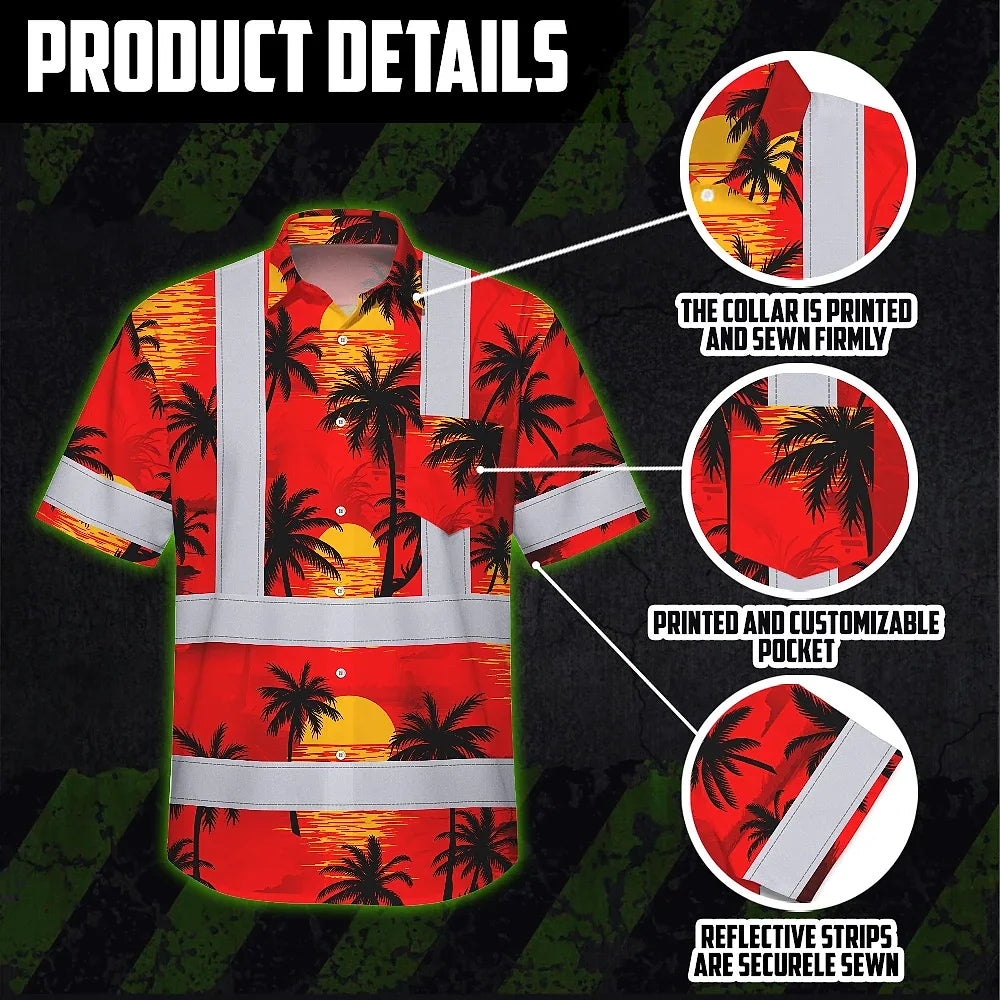 Hi Vis Hawaiian Shirt Reflective Tapes Red Neon Flowers Custom Name Safety Workwear For Truckers, Operators