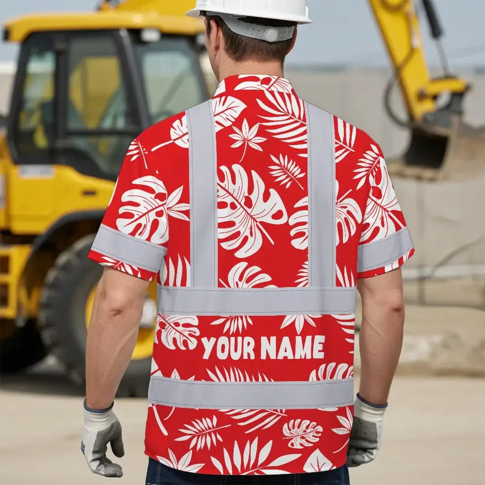 Hi Vis Hawaiian Shirt Reflective Tapes Red Neon Flowers Custom Name