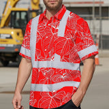 Hi Vis Hawaiian Shirt Reflective Tapes Red Neon Flowers Custom Name Safety Workwear For Workers, Truckers, Operators