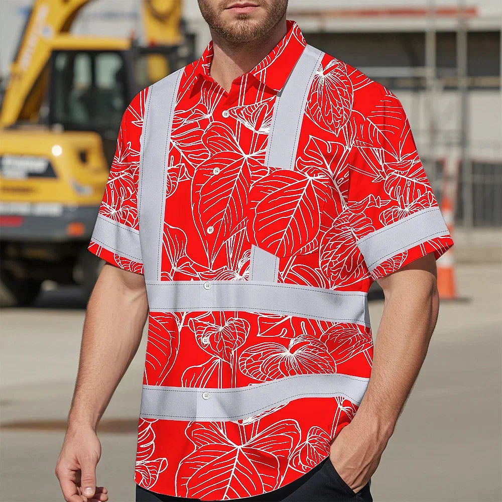 Hi Vis Hawaiian Shirt Reflective Tapes Red Neon Flowers Custom Name Safety Workwear For Workers, Truckers, Operators