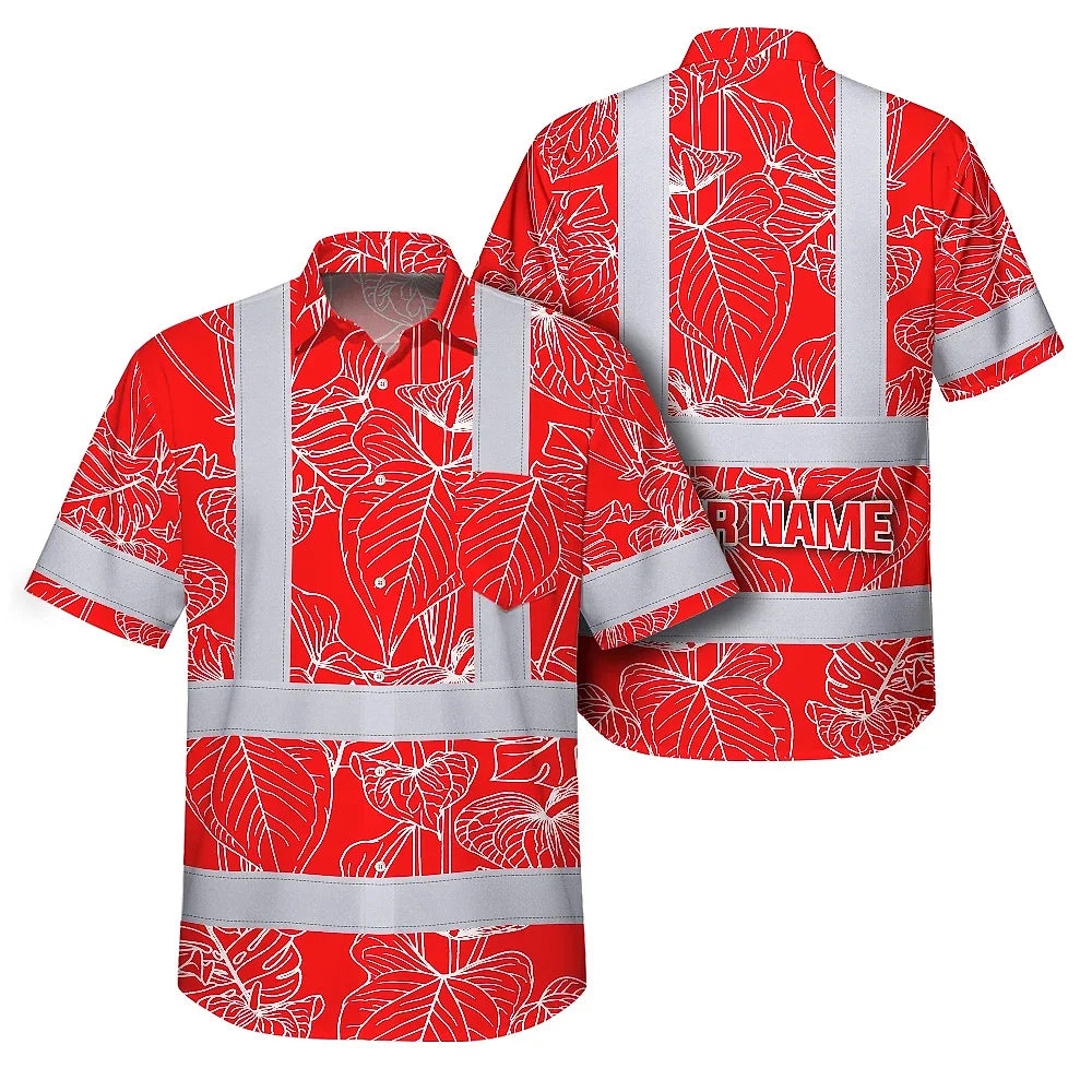 Hi Vis Hawaiian Shirt Reflective Tapes Red Neon Flowers Custom Name Safety Workwear For Workers, Truckers, Operators