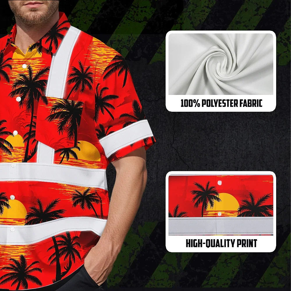 Hi Vis Hawaiian Shirt Reflective Tapes Red Neon Flowers Custom Name Safety Workwear For Truckers, Operators