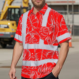 Hi Vis Hawaiian Shirt Reflective Tapes Red Neon Flowers Custom Name Safety Workwear For Workers, Truckers, Operators