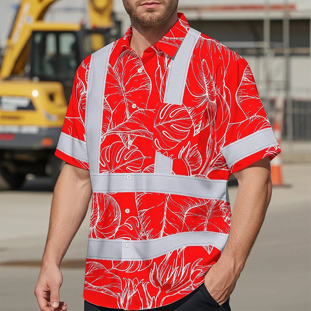 Hi Vis Hawaiian Shirt Reflective Tapes Red Neon Flowers Custom Name Safety Workwear For Workers, Truckers, Operators